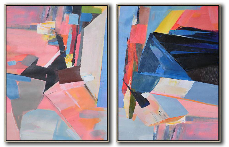 Hand Painted Extra Large Abstract Painting,Set Of 2 Contemporary Art On Canvas,Acrylic Painting Large Wall Art,Pink,Blue,Black,Red.etc